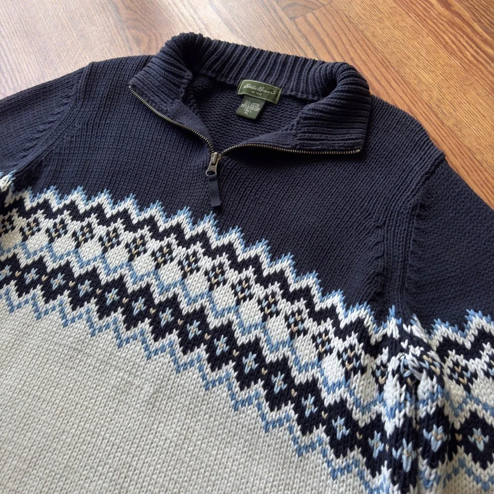 Eddie Bauer Quarter‎ Zip Sweater Mens XL Tall Navy White Fair Isle Vintage Y2K